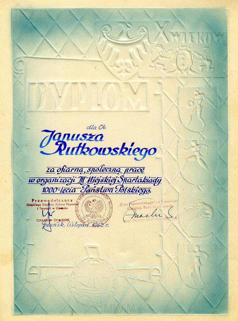 KKE 3221.jpg - Dyplom, Jana Rutkowskiego pracę społeczną, Gdańsk, 1962 r.